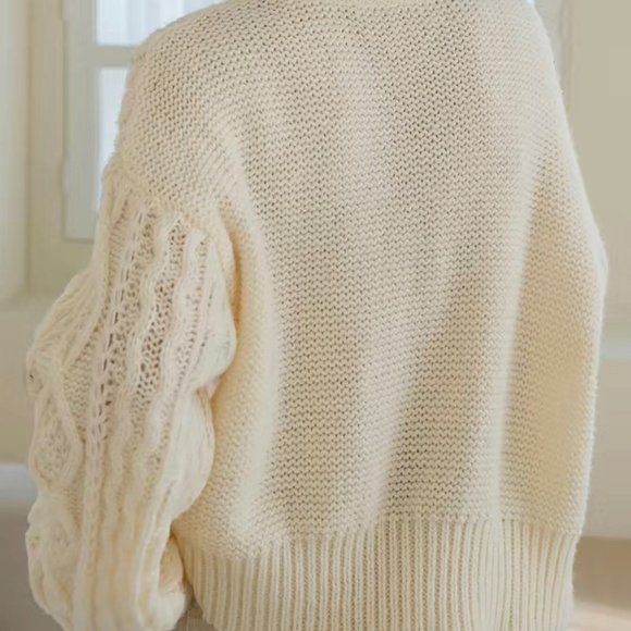 Women Pullover Sweater Large Apricot-Cream Knit Cable Round Neck Long Sleeve - Picture 4 of 9